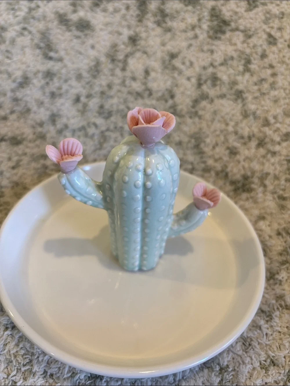 Pretty Mint Cactus Pink Flowers Ceramic Trinket Jewelry Dish NWT 5.5”
